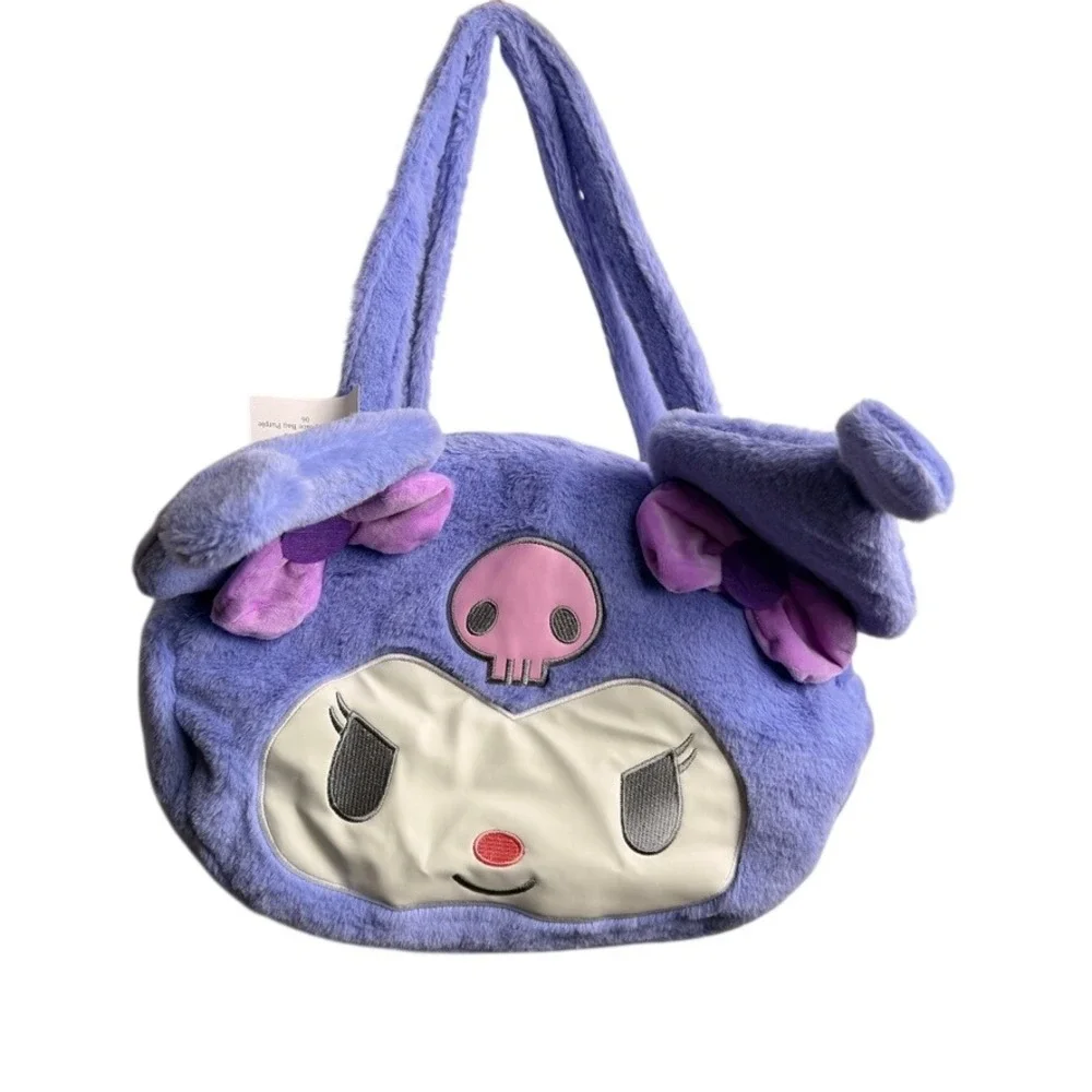 Sanrio Kids Kuromi Big Face Bag Purple Plush Faux Fur Tote Handbag Cosplay Goth